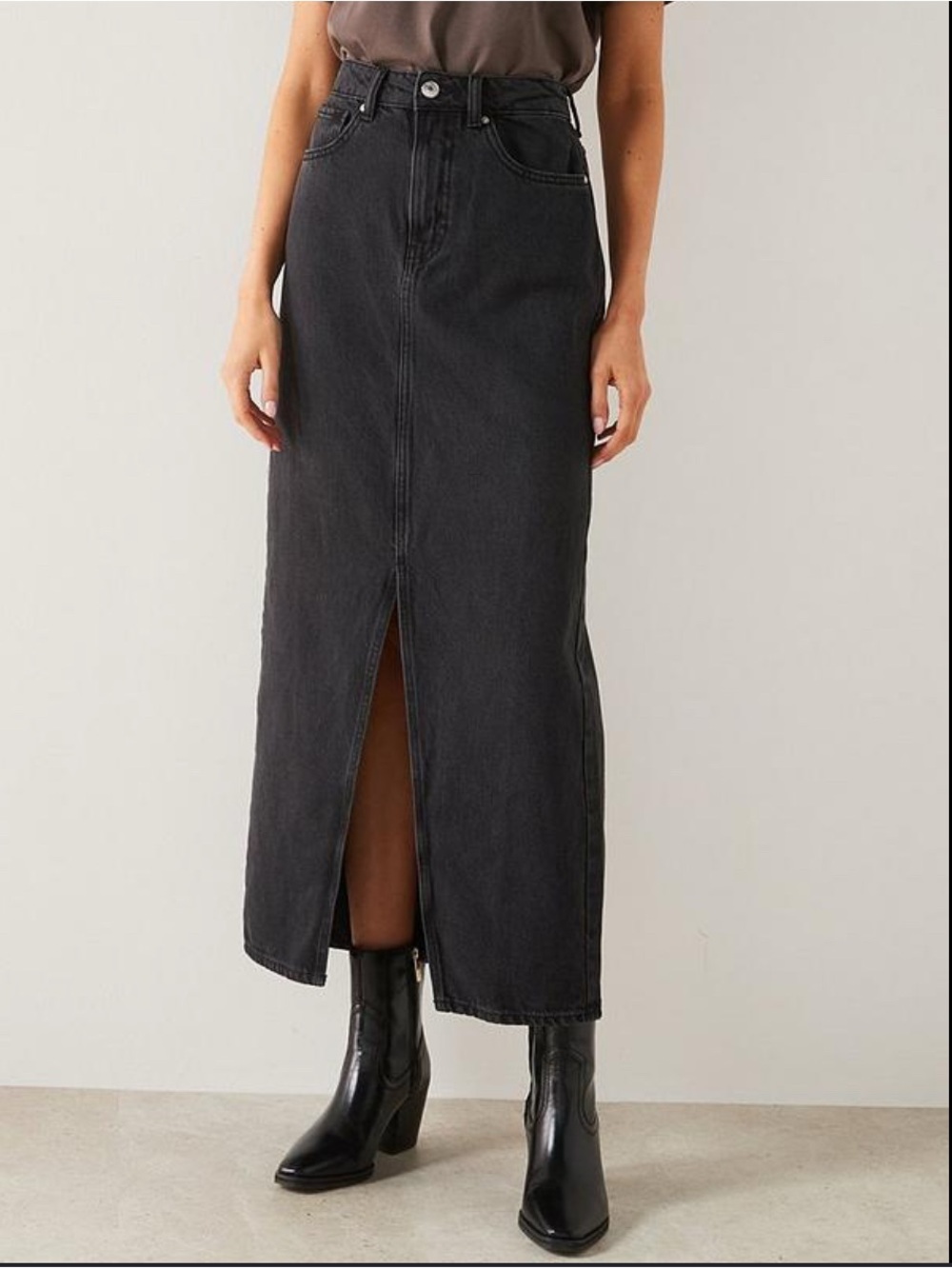 High-Rise Black Denim Maxi Skirt with Front Center Slit